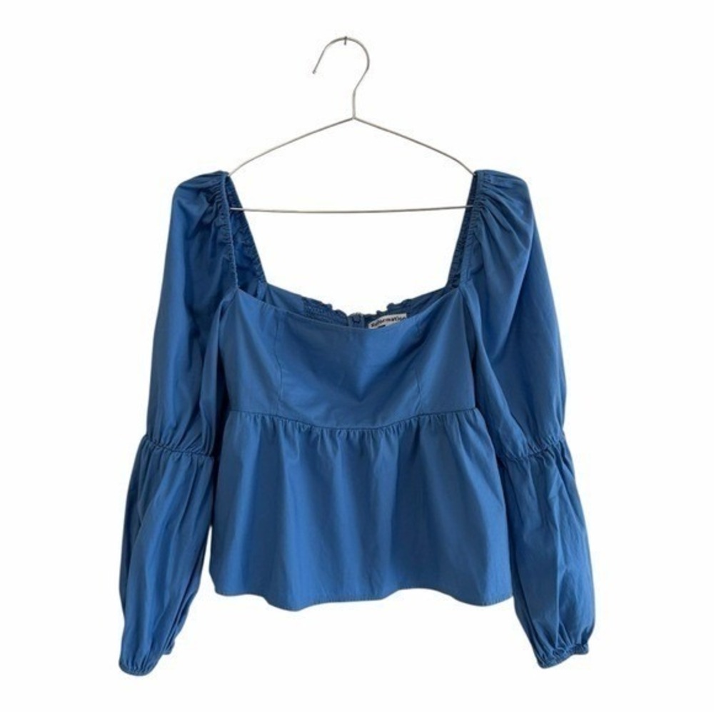 Reformation Womens Size 6 Long Sleeve Top Jaxley Blue Peplum Babydoll Blouse EUC